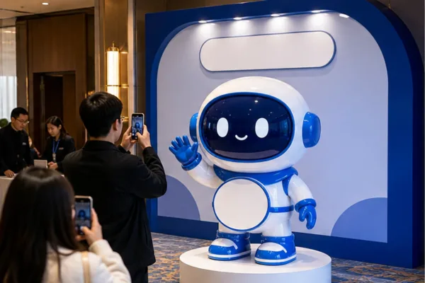 Mô hình mascot cỡ lớn tại khu check-in sự kiện có logo thương hiệu